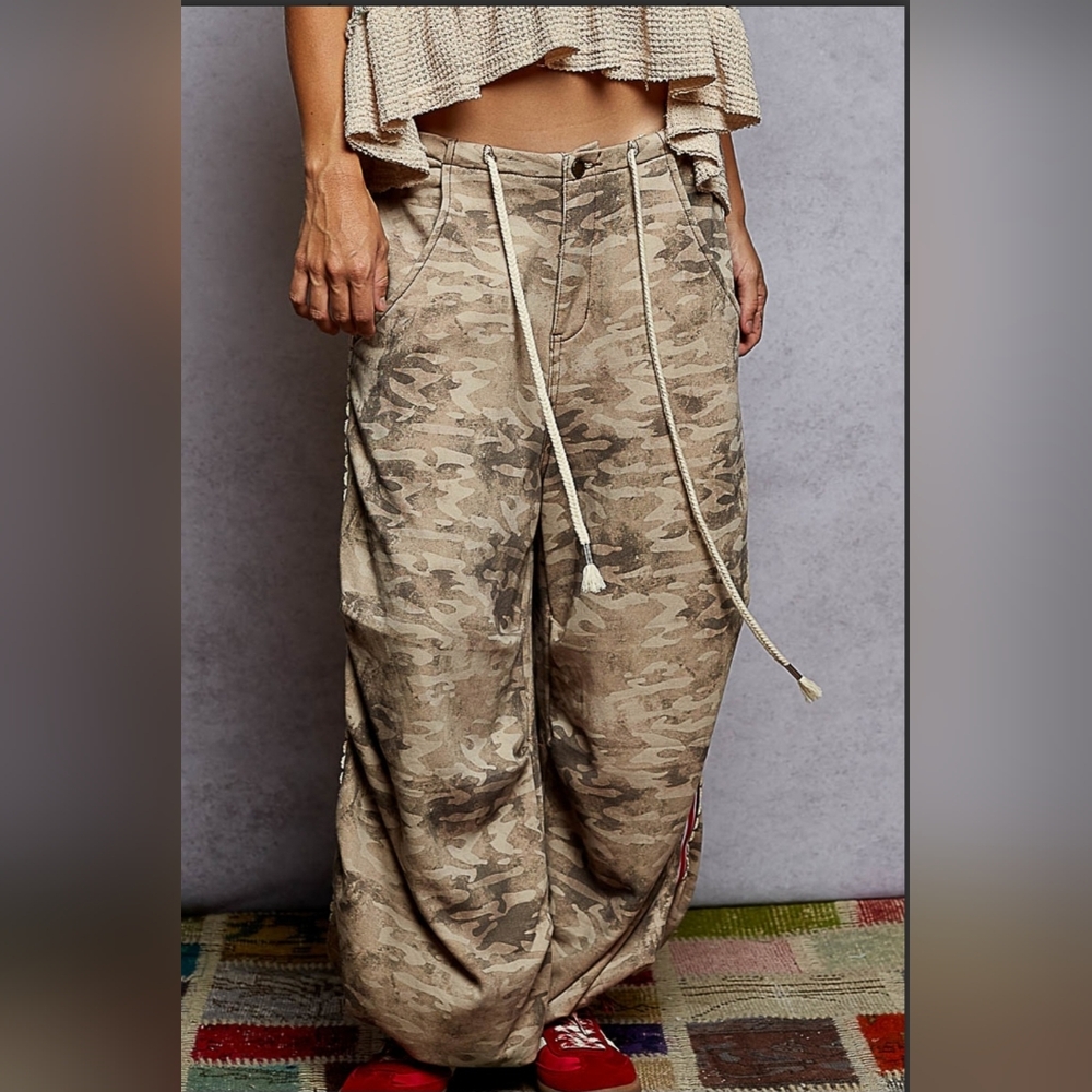 #916 POL Fench Terry with Striped Elastic Trim and Crochet Accent Detail Joggers